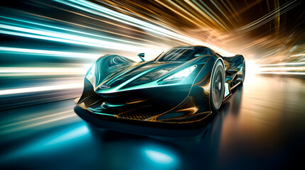 Race car in motion with blurred background with lights. Fast and powerful. Concept of motorsport, racing, competition