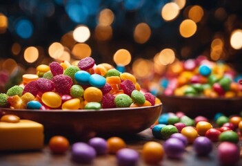 AI generated illustration of colorful candy displayed in multiple bowls