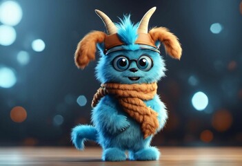 AI generated illustration of an anthropomorphic cartoon animal with blue hair and horns