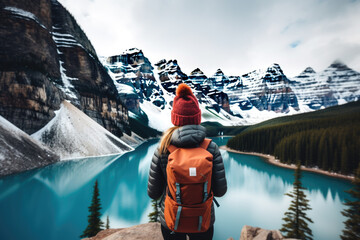 Rear view of a stylish girl, with a backpack and jacket, looking at the mountains and the lake, relaxing in the winter nature. Moraine Lake, Alberta - obrazy, fototapety, plakaty