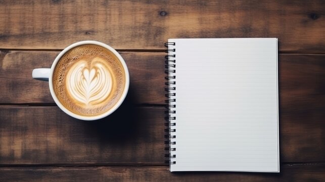Top view of blank notebook, pen, black coffee on rough wooden table, study concept