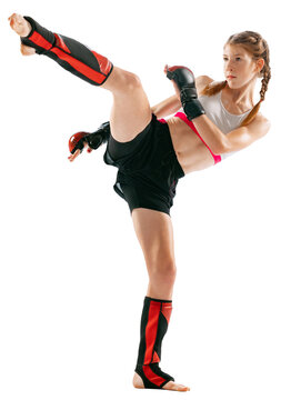 Dynamic image of sportive teen-girl, professional MMA fighter in action, motion isolated on transparent background. Concept of sport, competition, action, health, hobby