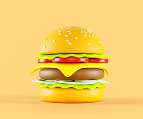 3d render icon burger or hamburger. Fast food menu meal, beef cheeseburger with bread, sesame, meat, cheese, tomato, salad, onion isolated on background. Cartoon design, mockup banner. 3D illustration