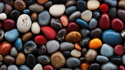Top view of colorful pebbles on the beach during sunset.