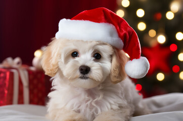 White Multipoo puppy lies in a Santa hat with gifts on the background of a Christmas tree