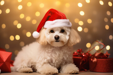 White multipoo puppy lies in a santa hat near red gifts for christmas