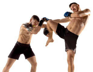 MMA. Two professional fighters punching, boxing isolated transparent background. Fit muscular caucasian athletes, boxers fighting. Sport, competition, excitement and strength