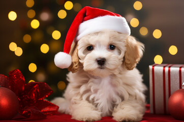 A white multipoo puppy lies in a Santa hat near red Christmas gifts on the background of a Christmas tree
