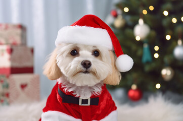 White multipoo puppy in a Santa suit against the background of a Christmas tree