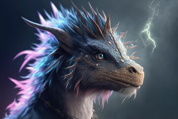 AI generated illustration of a beautiful fuzzy dragonlike creature with a purple blue mane