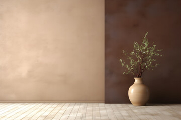 Minimalistic Scandinavian interior, a vase  plants on  brown or beige wall in wooden floor