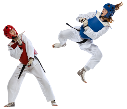 Jumping kick. Dynamic portrait of two young women, taekwondo practitioners training together isolated transparent background. Concept of sport, combat sport, education, skills. Sport banner