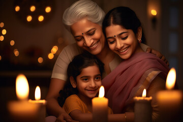 Indian ethnic senior woman embracing her grand children on the occasion of Diwali festival 