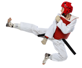 Young girl, taekwondo practitioner training, jumping isolated over transparent background. Concept of sport, education, skills, workout, health. Sportsman wearing white dobok and protective equipment