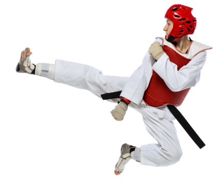 Young girl, taekwondo practitioner training, jumping isolated over transparent background. Concept of sport, education, skills, workout, health. Sportsman wearing white dobok and protective equipment