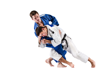 Karate fight. Two karate fighters i white and blue kimono training isolated on transparent background. Concept of combat sport, challenges, skills. Sportsmen practicing base technique