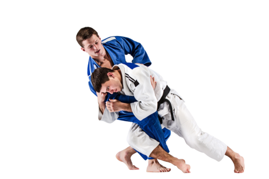 Karate fight. Two karate fighters i white and blue kimono training isolated on transparent background. Concept of combat sport, challenges, skills. Sportsmen practicing base technique - Powered by Adobe