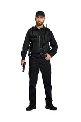 Confident police officer in black uniform posing with weapon indoors. Front view of bearded...