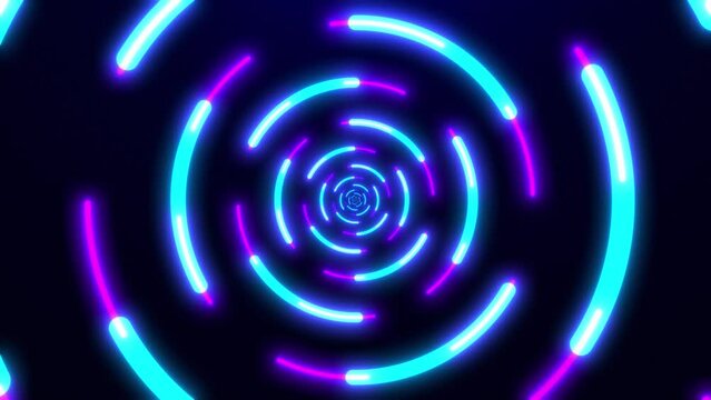 Abstract digital background with glowing neon lights, retro. Rotation of bright glowing circles or rings. Ultraviolet lamps. 4k video. Screensaver animation.