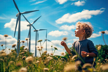 Little boy looking at huge wind turbines in a green field full of flowers - obrazy, fototapety, plakaty