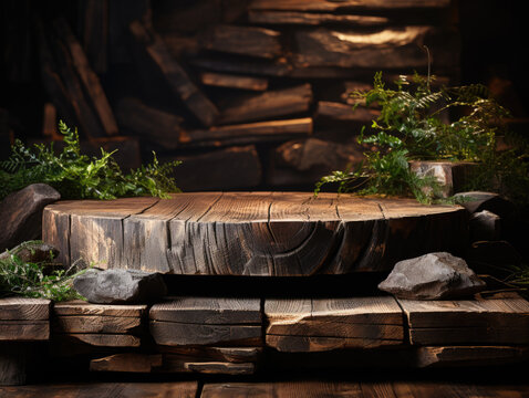 A front view of a podium constructed from rustic wood pieces, designed as a backdrop for featuring perfume, jewelry, and cosmetic products.
