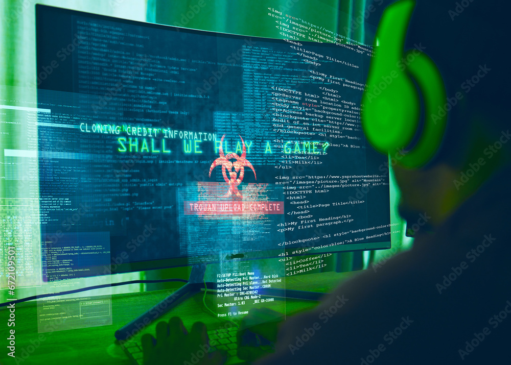 Poster Computer screen, programming or identity theft with hacker man for phishing, scam or cybersecurity software. Back, dashboard and criminal person with info on pc as ransomware, hacking or credit fraud