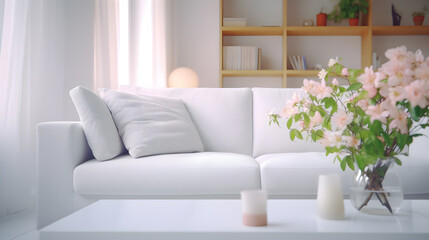 Fototapeta na wymiar Interior of modern room with comfortable sofa. Blurred Modern white living room interior with sofa, furniture and flowers