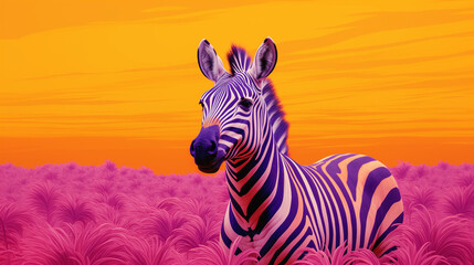 zebra with vibrant purple stripes against orange horizon and pink foliage