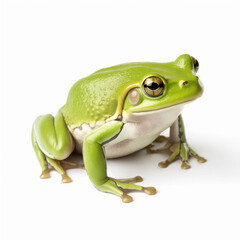 close-up of a lime green frog with reflective eyes on a white backdrop