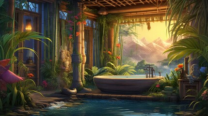 Bamboo enclosed tranquil space, ornate stone sculptures, lush flowers, with distant mountains. Asian-inspired nature retreat. - obrazy, fototapety, plakaty