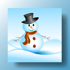 Merry christmas and happy new year greeting card with copy space and Cute snowman standing in winter christmas, landscape snow falling