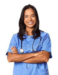 Young Filipina nurse with a stethoscope in studio