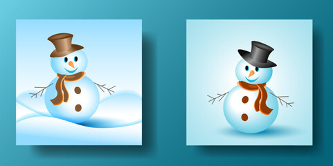 Merry christmas and happy new year greeting card with copy space and Cute snowman standing in winter christmas, landscape snow falling. Set 2 in 1