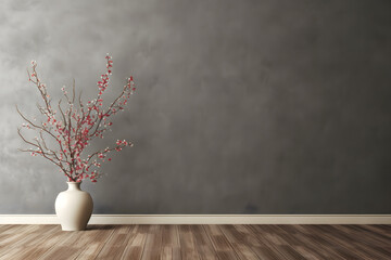 Fototapeta na wymiar Minimalistic Scandinavian interior, a vase plants on brown or beige wall in wooden floor