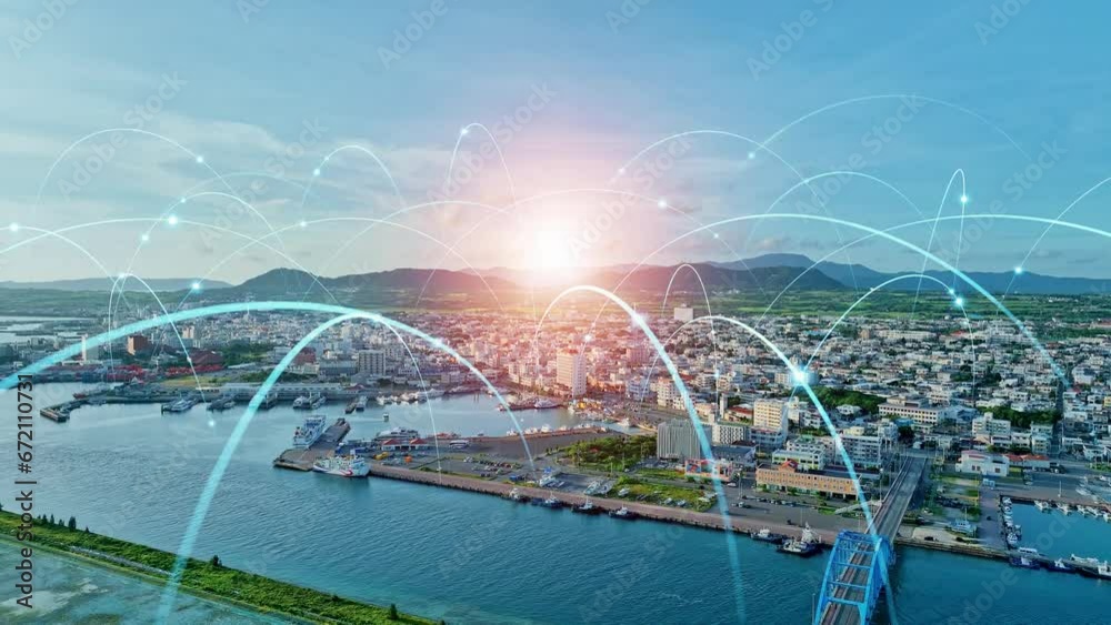 Aufkleber modern port and ships aerial view and communication network concept. ship radio. 5g. iot.