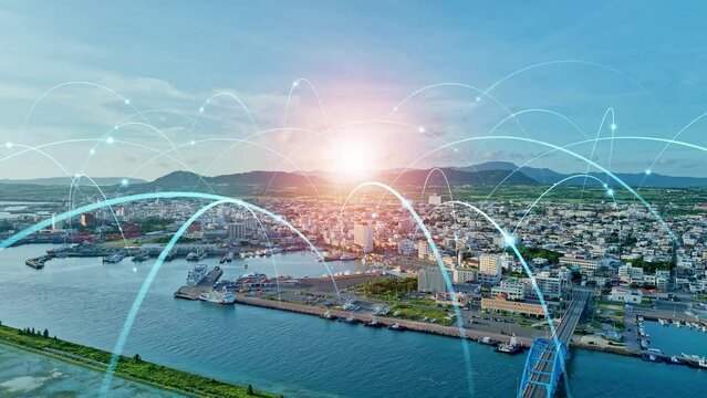 Modern port and ships aerial view and communication network concept. Ship radio. 5G. IoT.