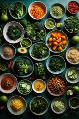 set of various plates of food on background, top view