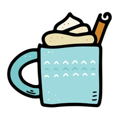 Doodle Cozy scandinavian food vector illustration. A blue cup with hot drink, foam, cream, cinnamon. Eggnog, coffee, cocoa, chocolate, milk on a white background. Winter Christmas holidays mug element