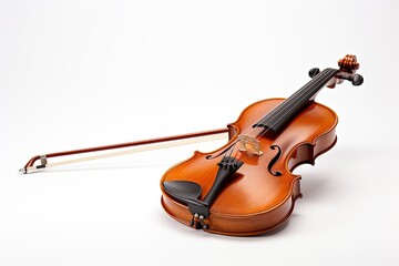 Fototapeta na wymiar Classical brown violin and bow lying beside isolated on white background