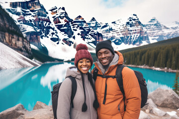 Portrait of a stylish black couple, with a backpack and jackets, with view of winter nature, mountains and the lake in the background. Moraine Lake, Alberta - obrazy, fototapety, plakaty