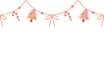 Watercolor cute pink Christmas tree candy cane ribbon Ornament star Hanging Element doodle Border Xmas frame	