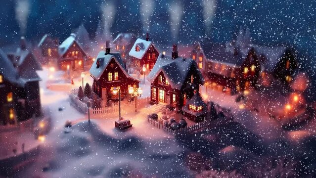 Snow scene with little houses in the night. Part1