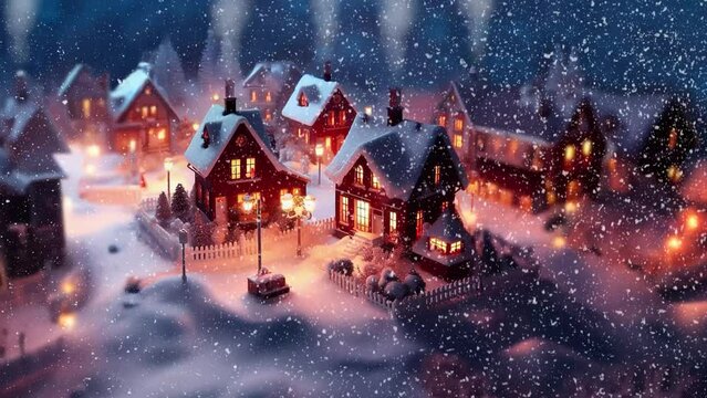 Snow scene with little houses in the night. Part2