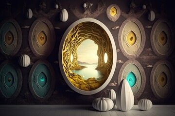 AI generated illustration of an oval-shaped hole on a wall with a cave and a sea in it
