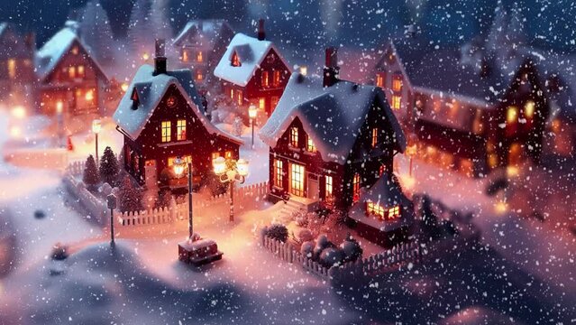 Snow scene with little houses in the night. Part5