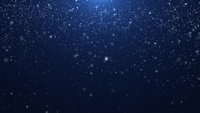Flying snow on a blue background. 4K motion graphics. snowfall overlay, background - winter, effect of slowly falling snow. Abstract particle background. seamless loop.  animation winter weather.