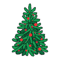 Christmas tree decorated with red balls. Design element of postcards, banners and sticker