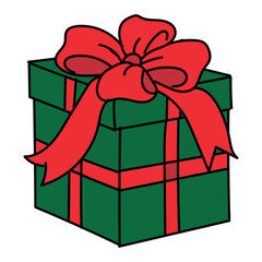 Green Square Gift Box with Red Bow. Design element of postcards, banners and sticker.