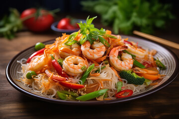 A dish of stir-fried rice noodles with shrimp and assorted vegetables, garnished with chopped scallions - obrazy, fototapety, plakaty