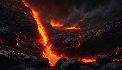 landscape with volcanic lava eruption at night